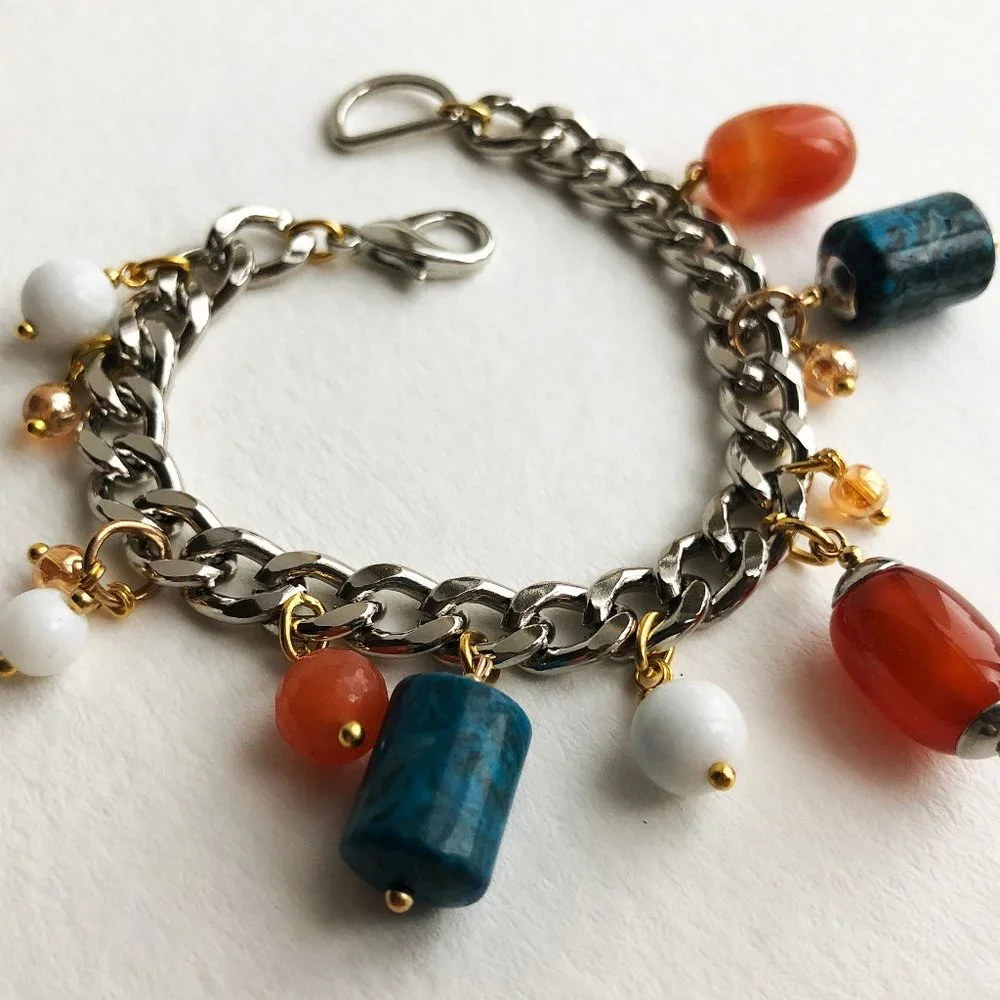 Chunky charm bracelet, curb chain bracelet silver